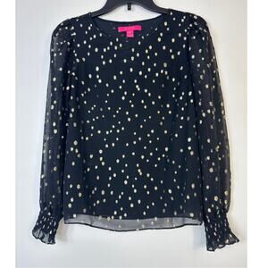 Lilly Pulitzer Idina Silk Blouse Black Gold Polka Dot Semi Sheer Sleeve